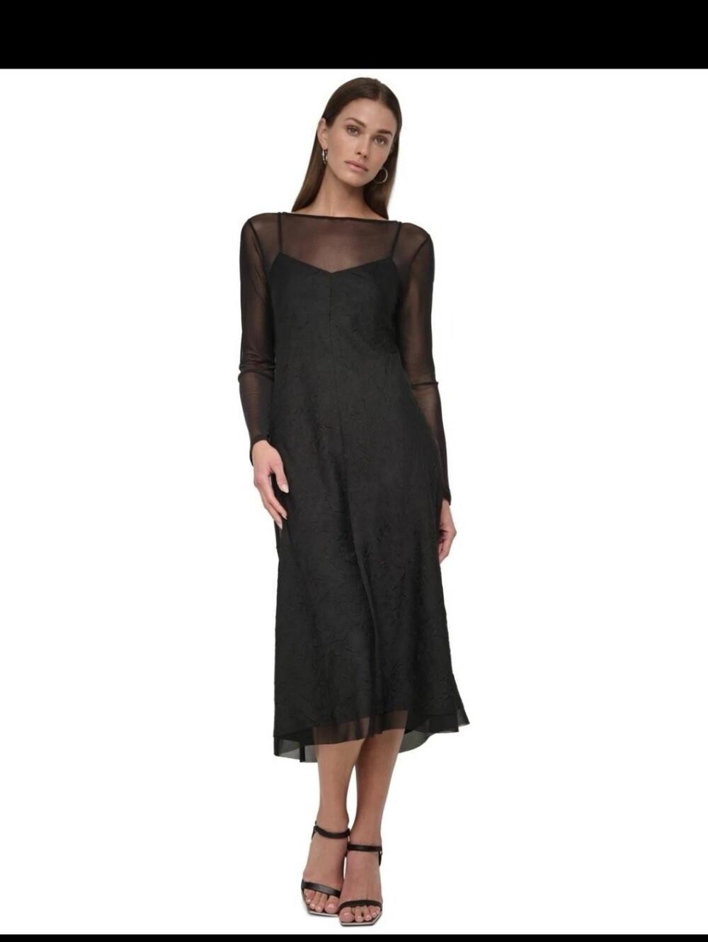 DKNY NWT Size 10 Black Mesh Illusion Long Sleeve Maxi Slip Dress Goth Y2K